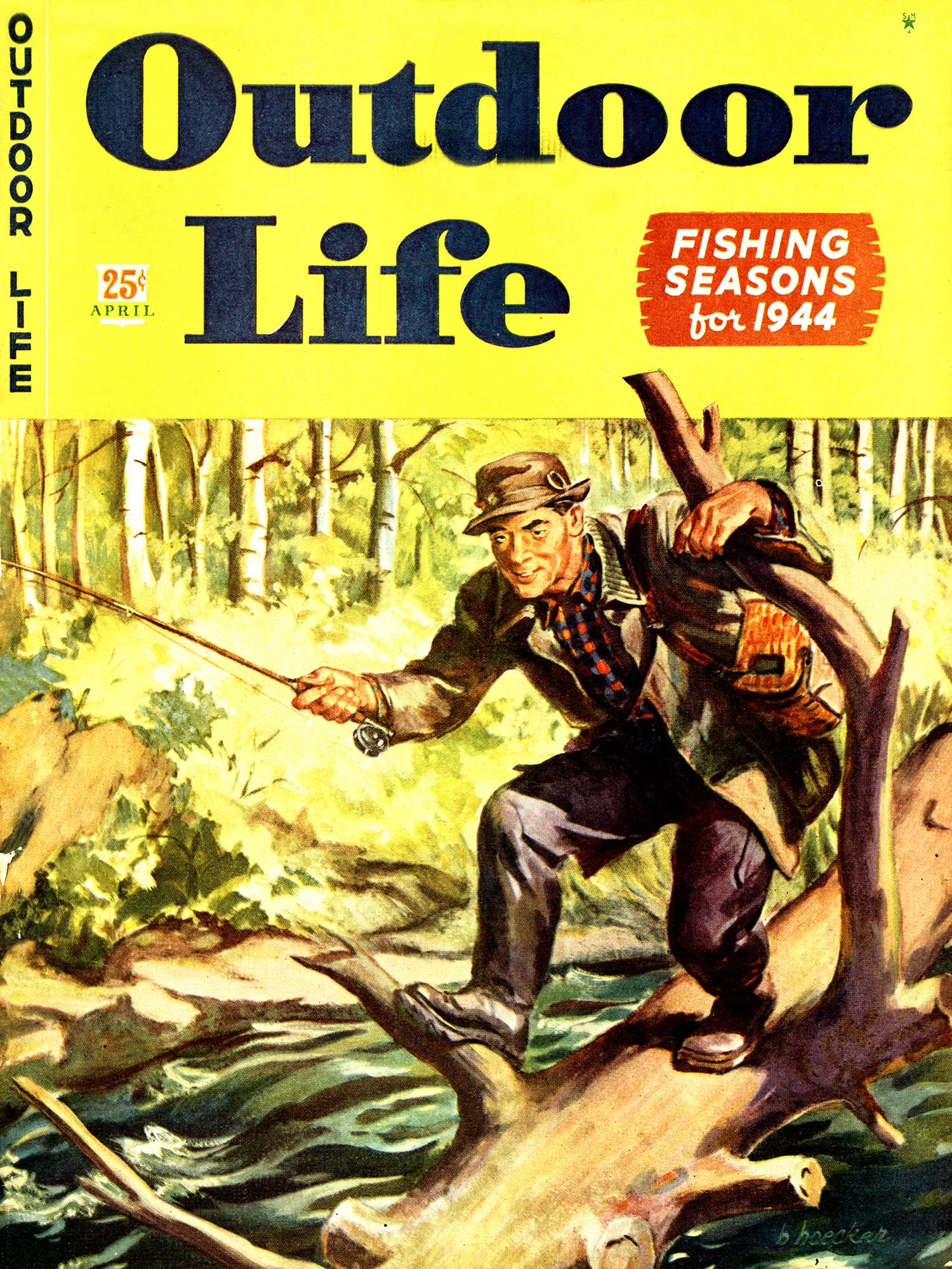cover painting of april 1944 issue of outdoor life depicts fly fisherman walking on fallen tree over river