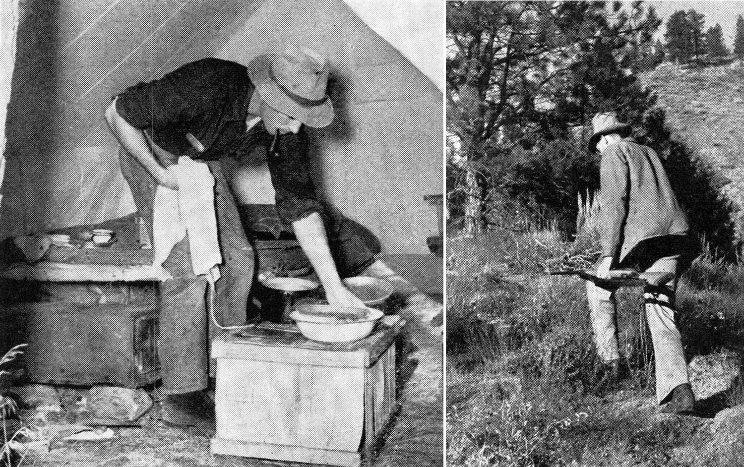 pipe-smoking hunter inside tent washes dishes; hunter carrying long gun hikes up rocky, grassy area with pine trees