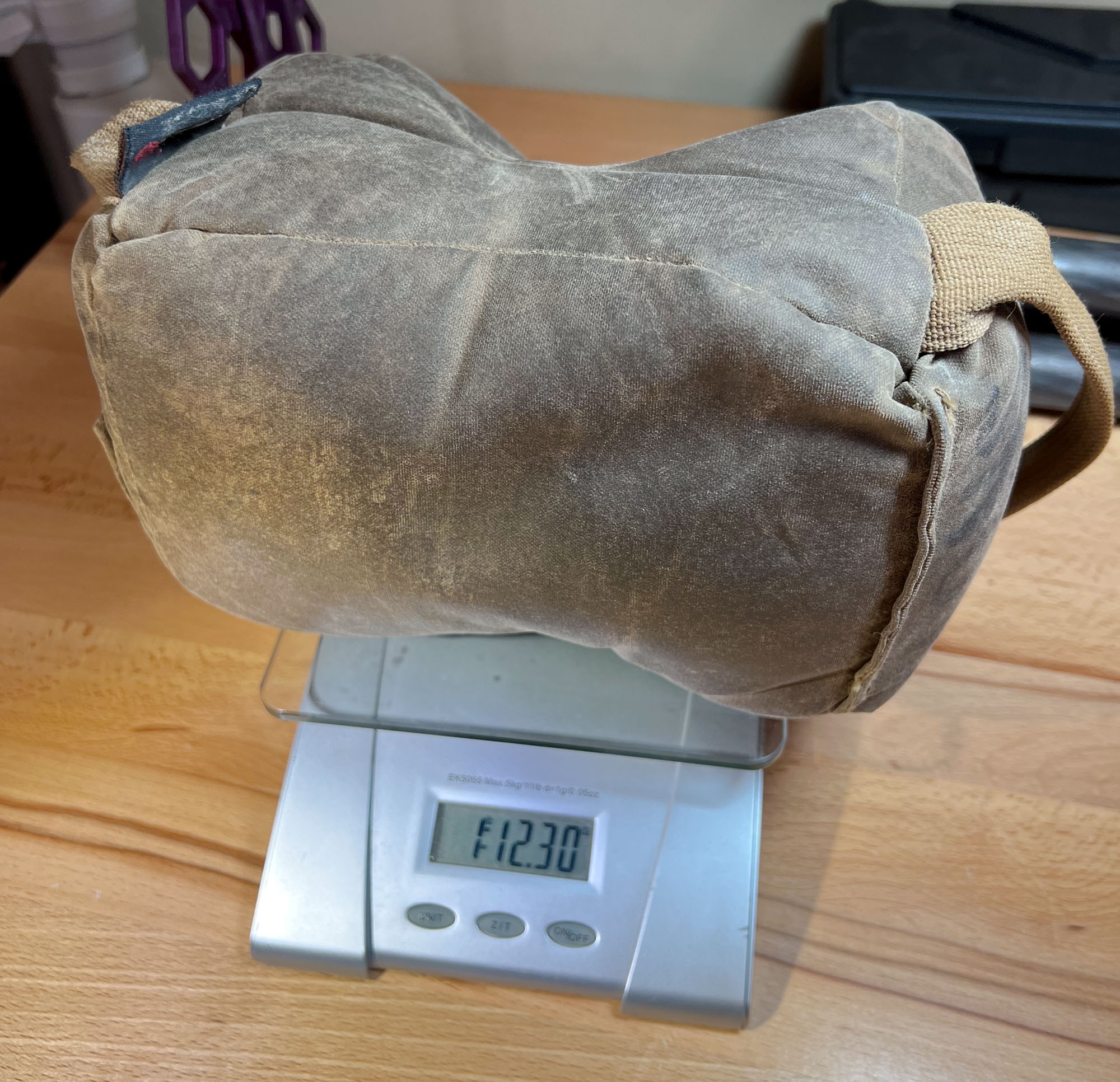 Shmedium shooting bag on a scale