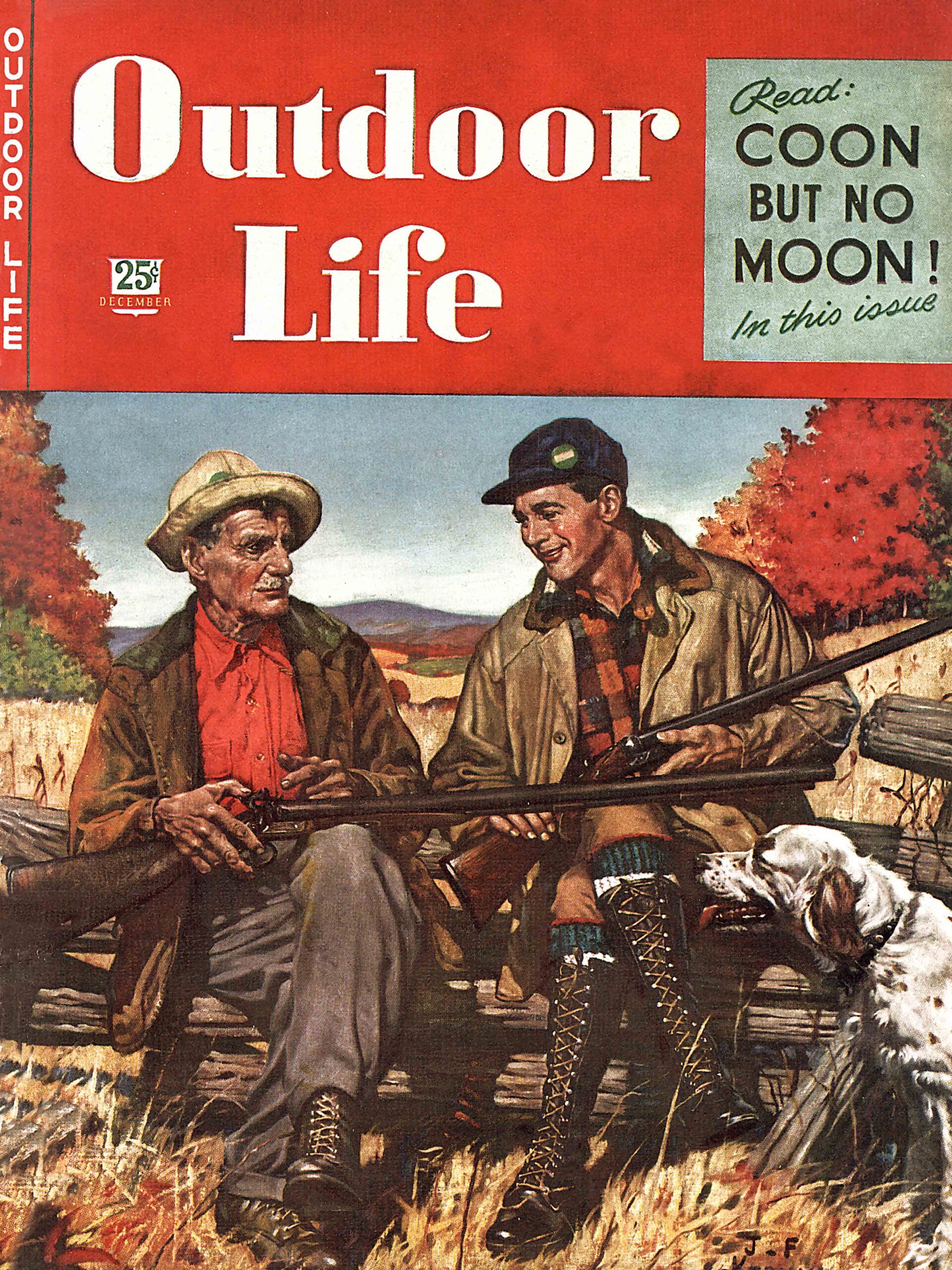 December 1946 cover of Outdoor Life magazine has a painting of two bird hunters resting on a fallen fence with a setter.
