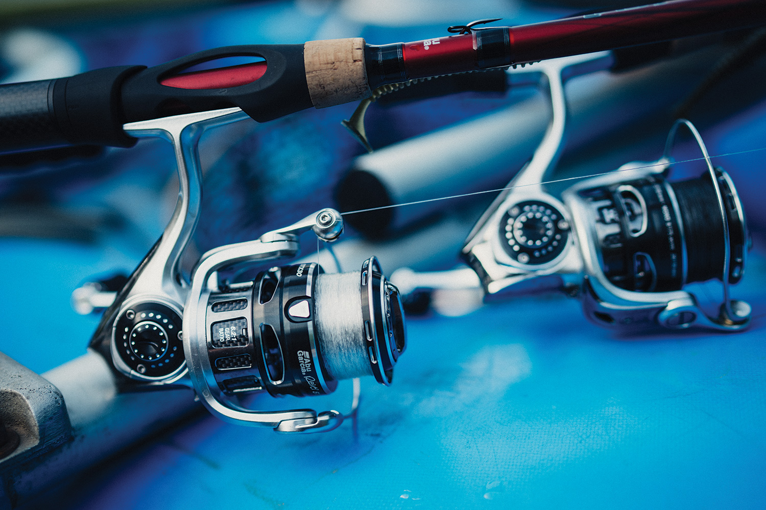 close-up of two spinning reels