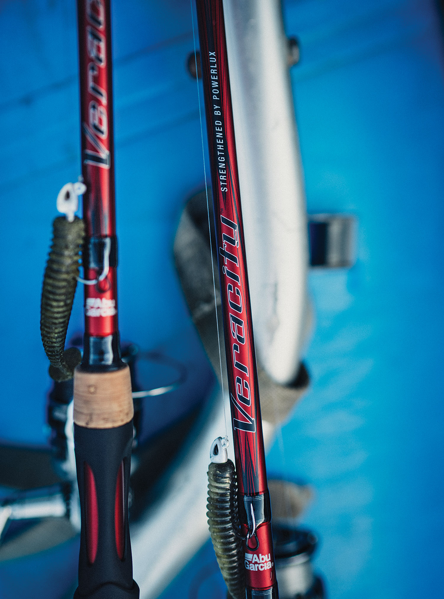 close-up of fishing rods and lures