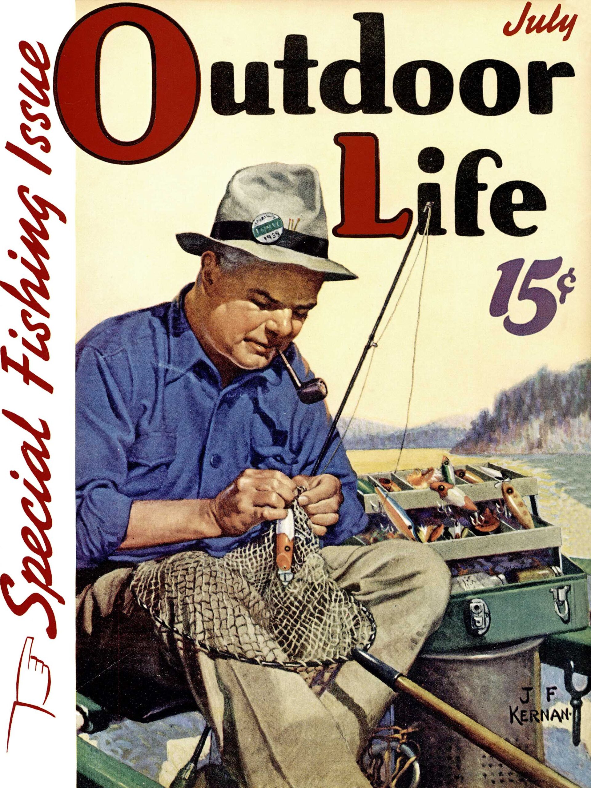 The July 1939 cover of Outdoor Life, featuring a man with a fishing rod detangling a lure from a net.