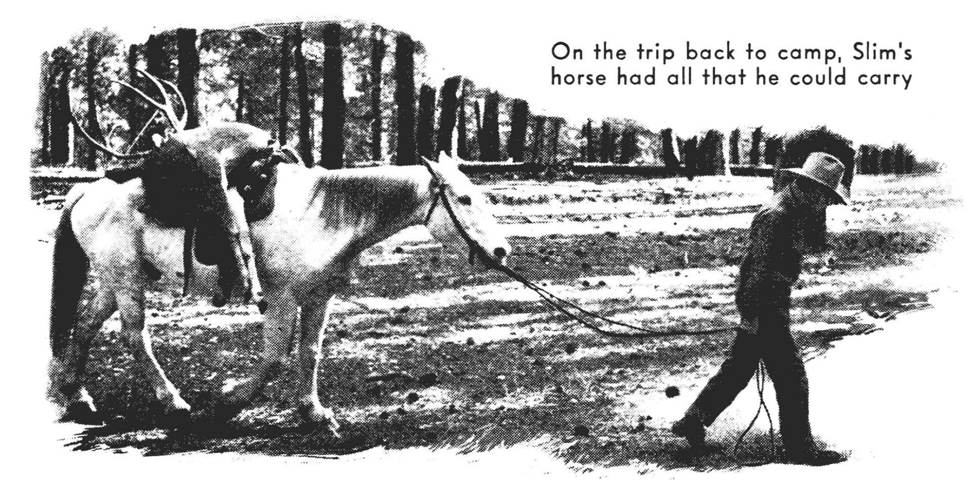 A man leading a horse with a mule deer on it.