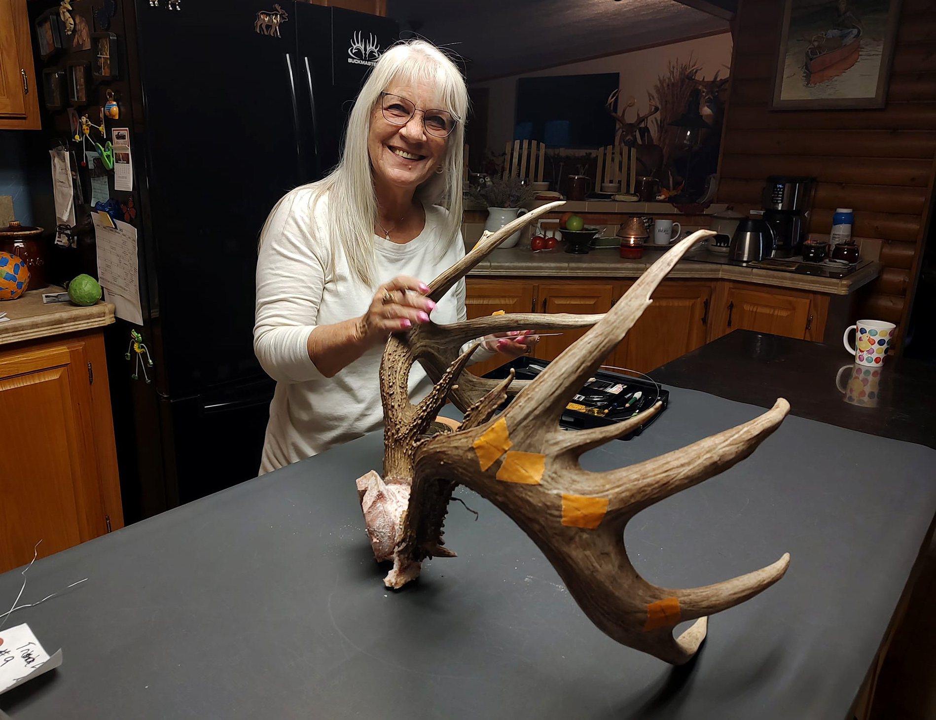 A woman scores a big set of whitetail antlers on a kitchen table.