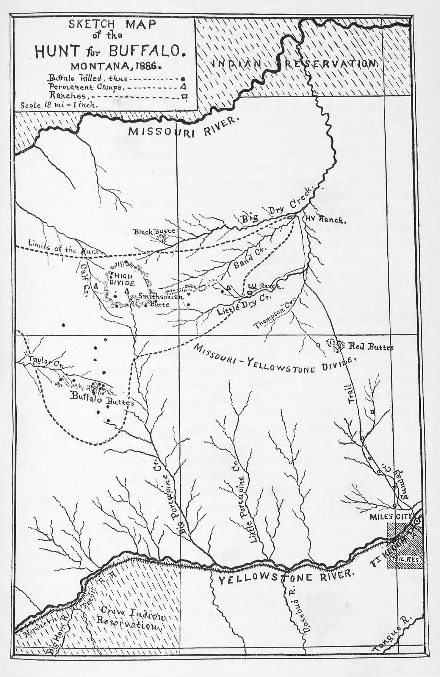 A hand-drawn map of Hornady's bison expedition.