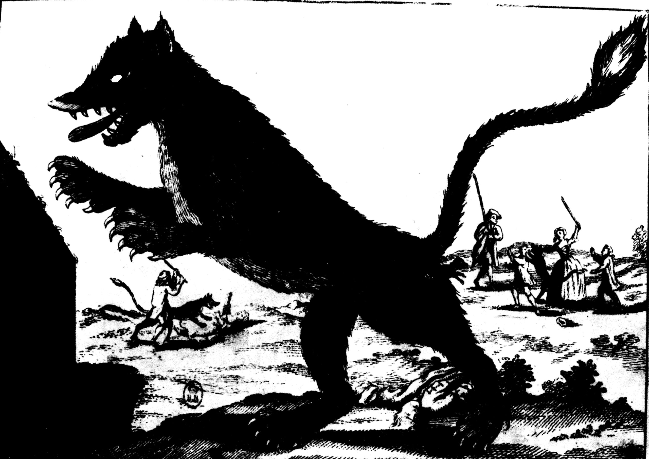 A black and white illustration of a wolf-like beast terrorizing a village.