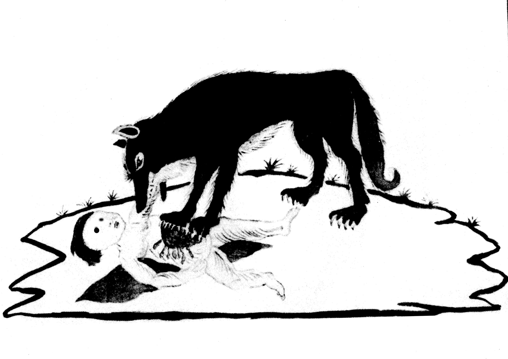 A black and white illustration of a wolf like creature killing a child.