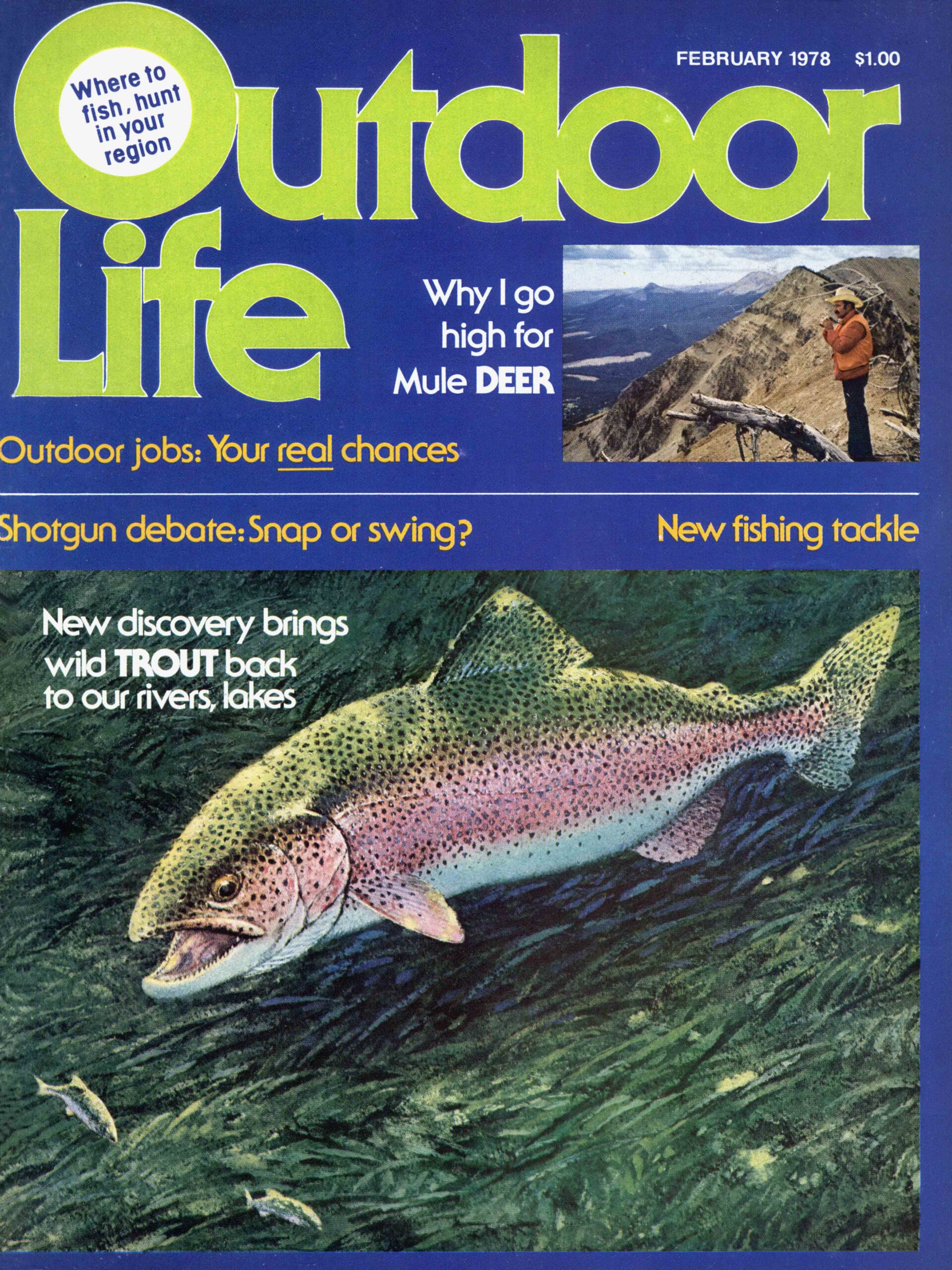 February 1978 cover of Outdoor Life magazine features a fish painting and a photo of a hunter.