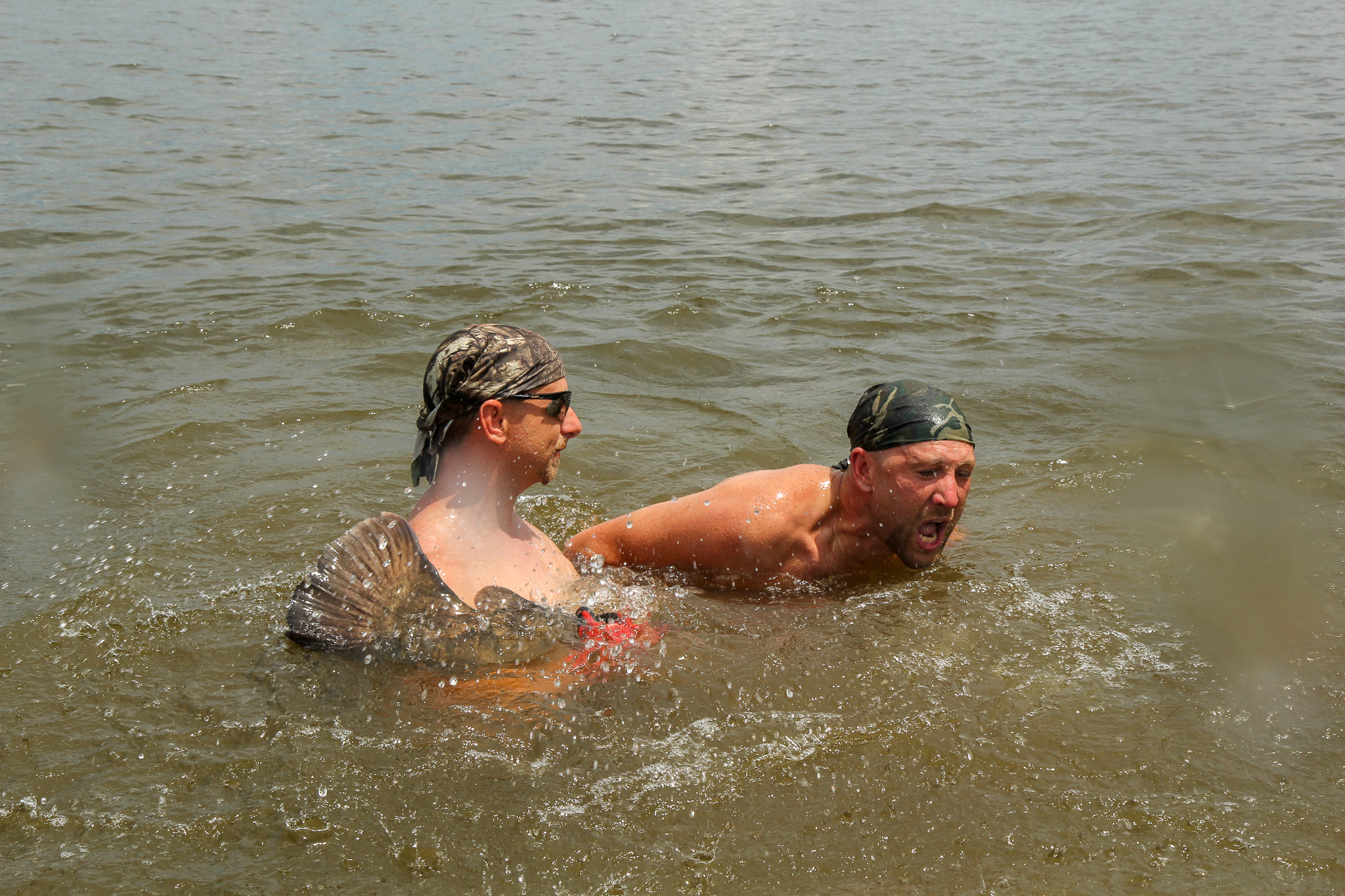 Two men wrestle a flathead catfish to the surface of a lake.