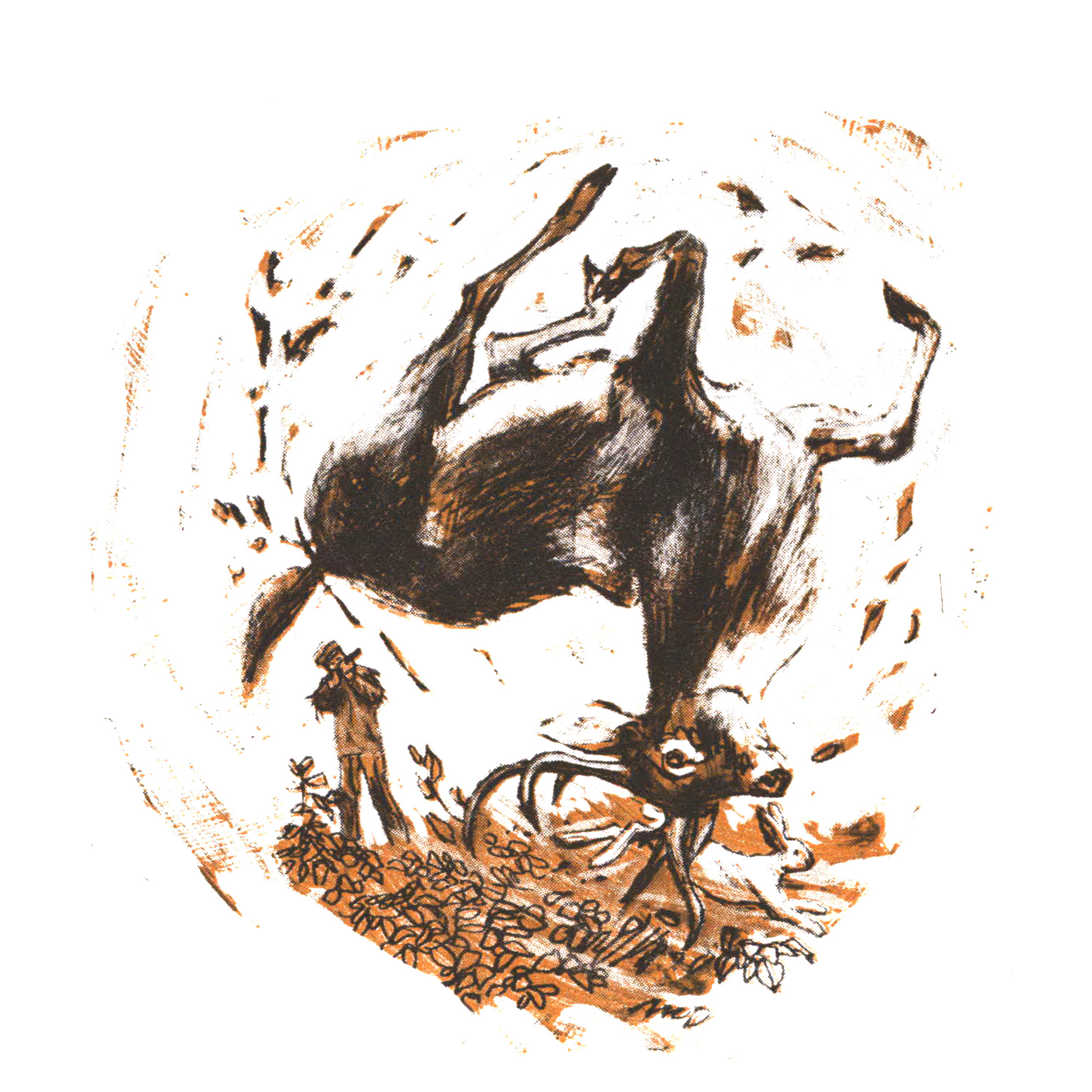 An illustration of a young boy shooting a buck that somersaults.