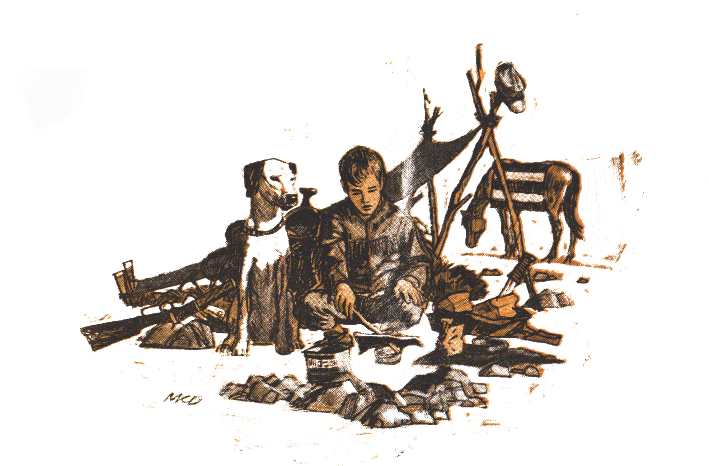 An illustration of a boy cooking over a campfire with his dog beside him.