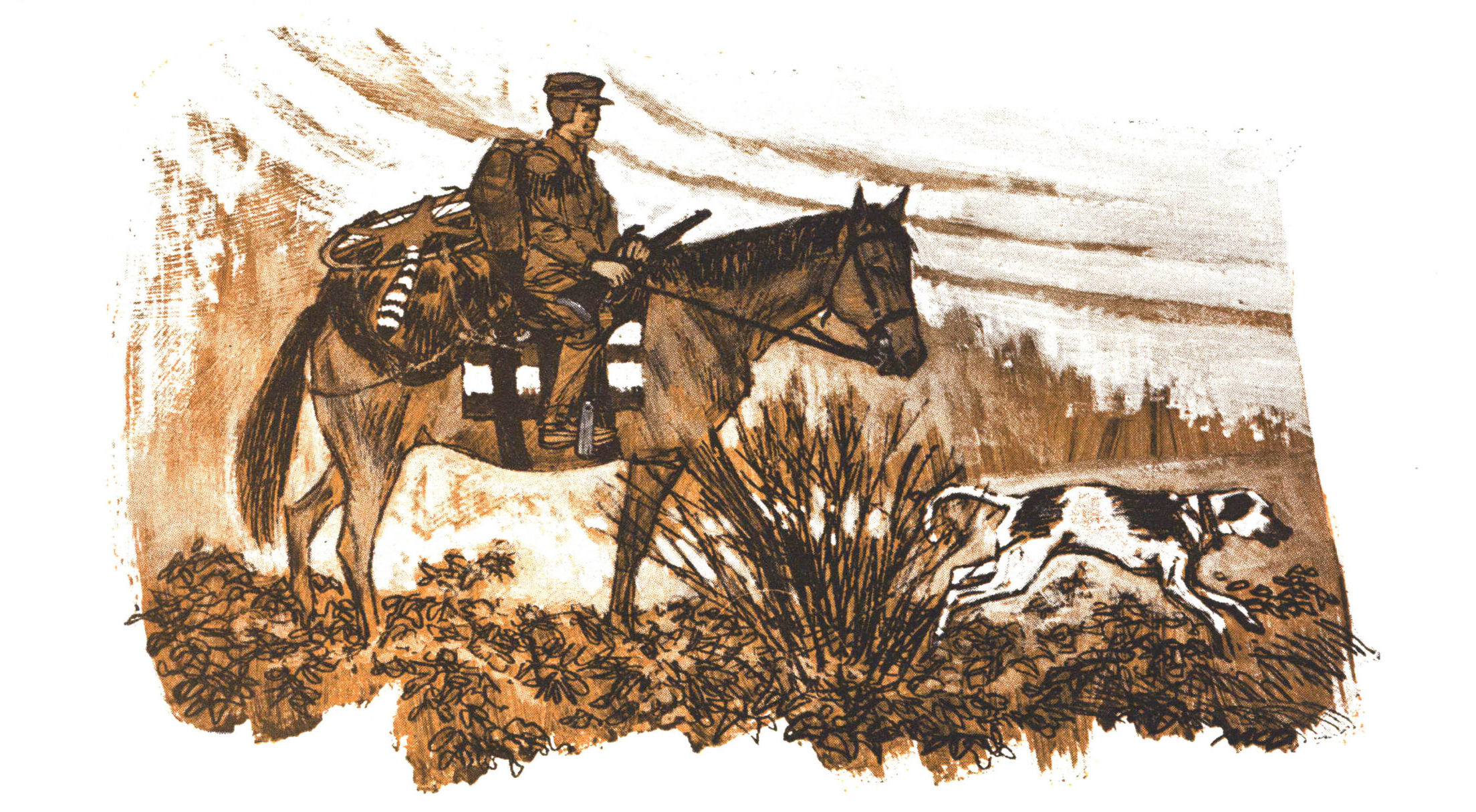 An illustration of a boy riding a horse with his dog in front.