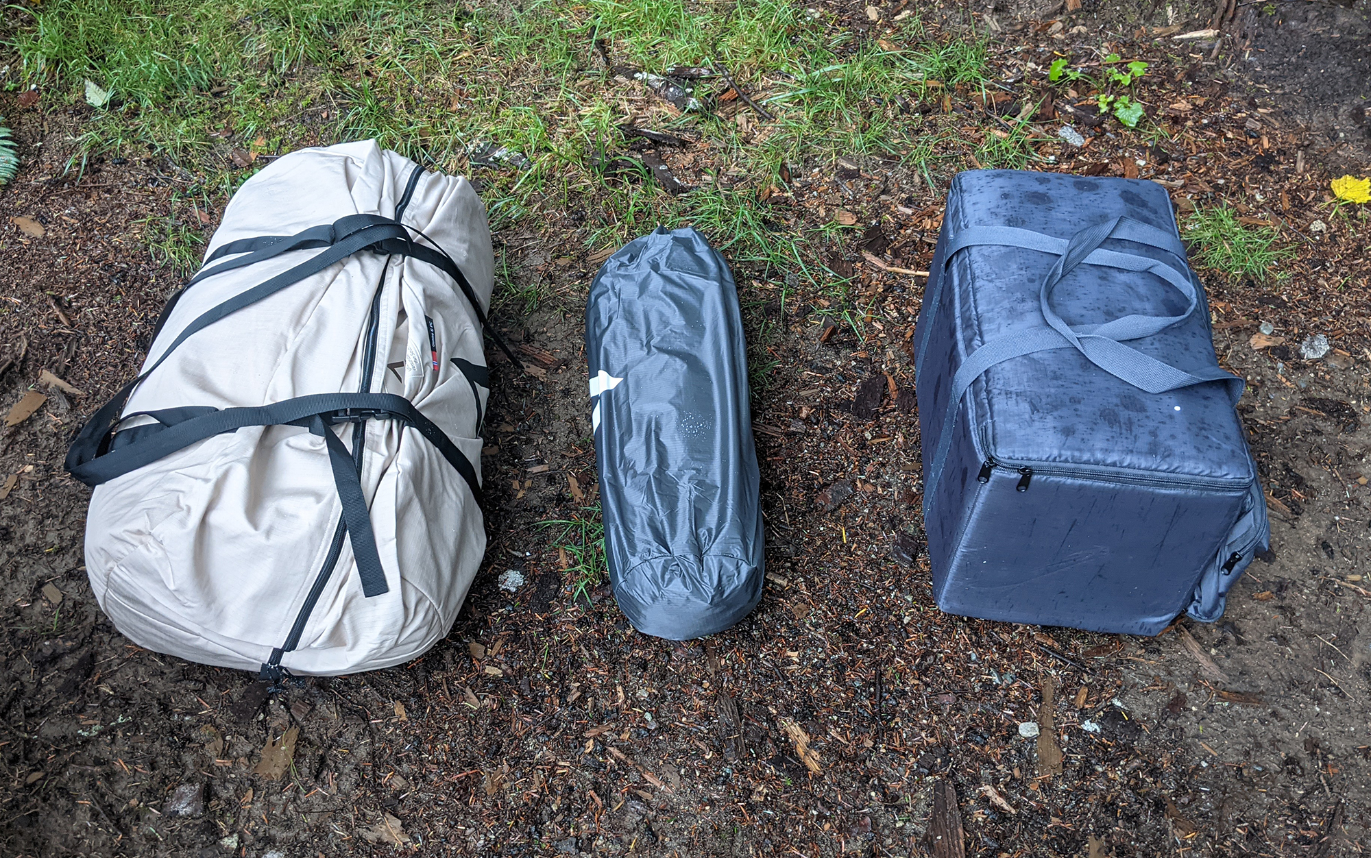 From left to right, the main tent, the inner tent, and the carrying case for the Nortent stove. 