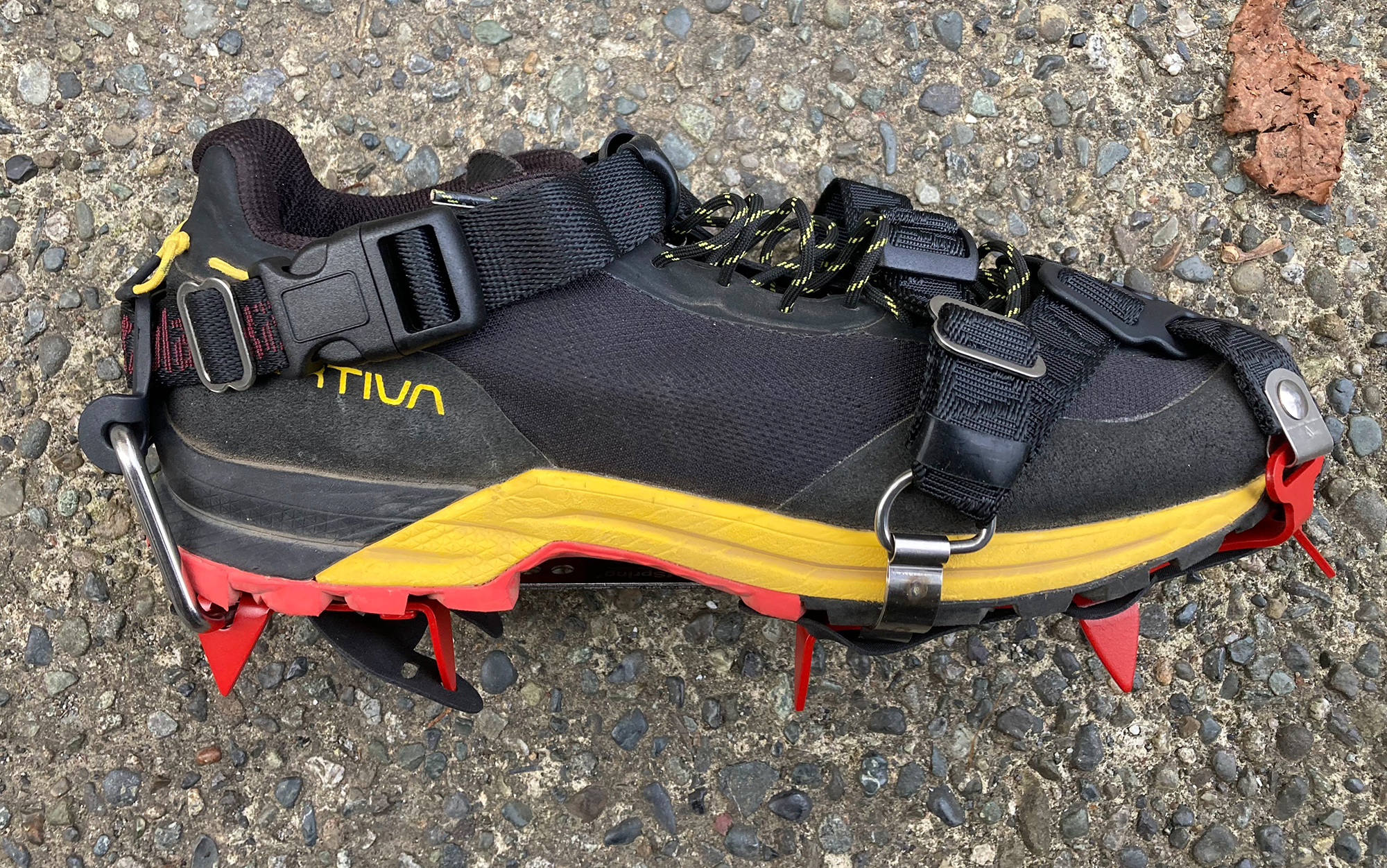 The straps of the Kahtoola crampons secure to any hiking shoe.