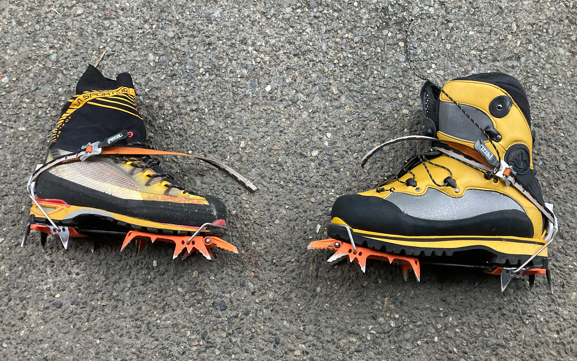 A soft toed boot and hard toed boot in the Petzl Irvis Hybrid crampons.
