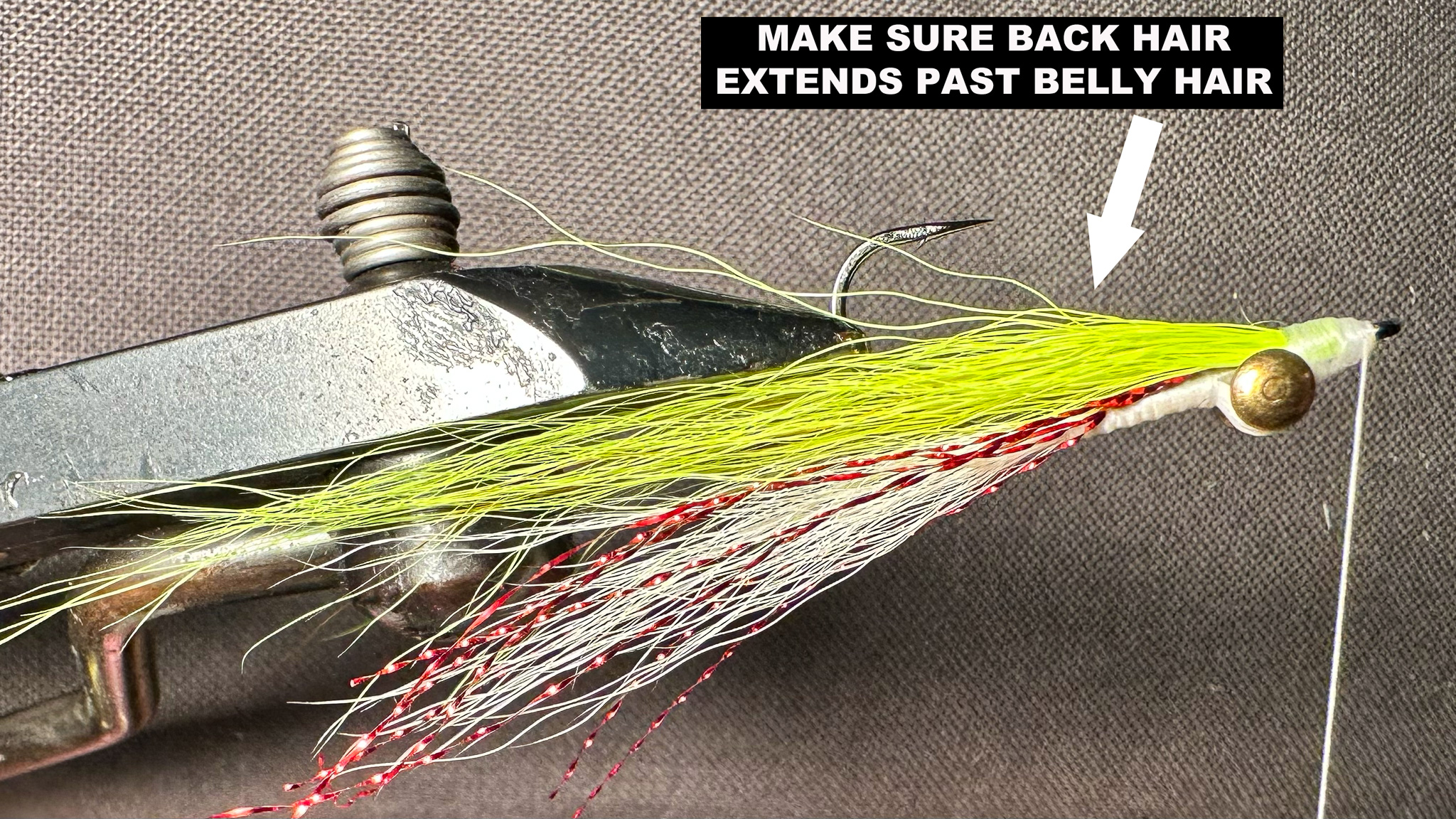 A nearly-complete green and white Clouser Minnow gets the finishing touches in the vise.