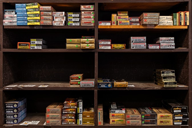 Ammunition on a shelf in a California gun shop.