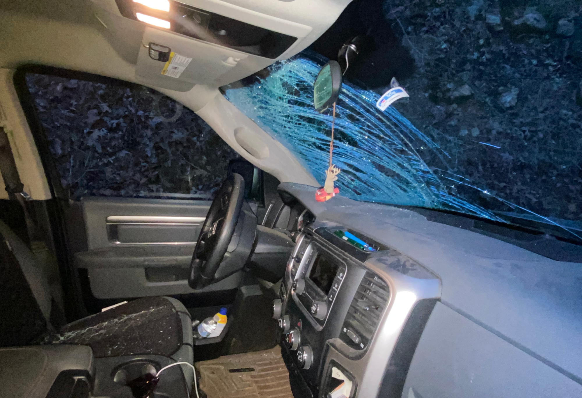 interior of truck with broken windshield