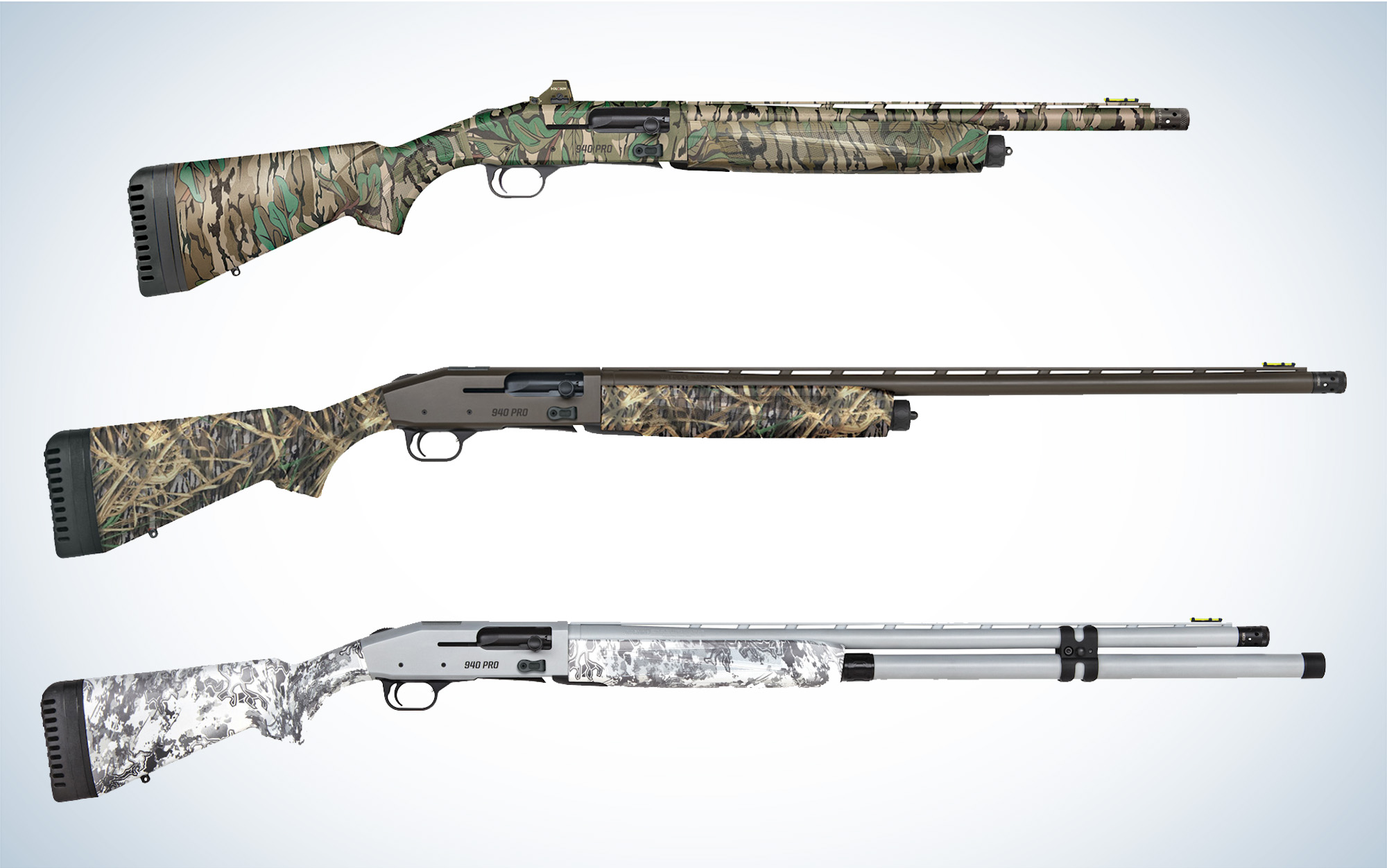 A collection of three semi-auto shotguns, made by Mossberg, that are ready for optics.