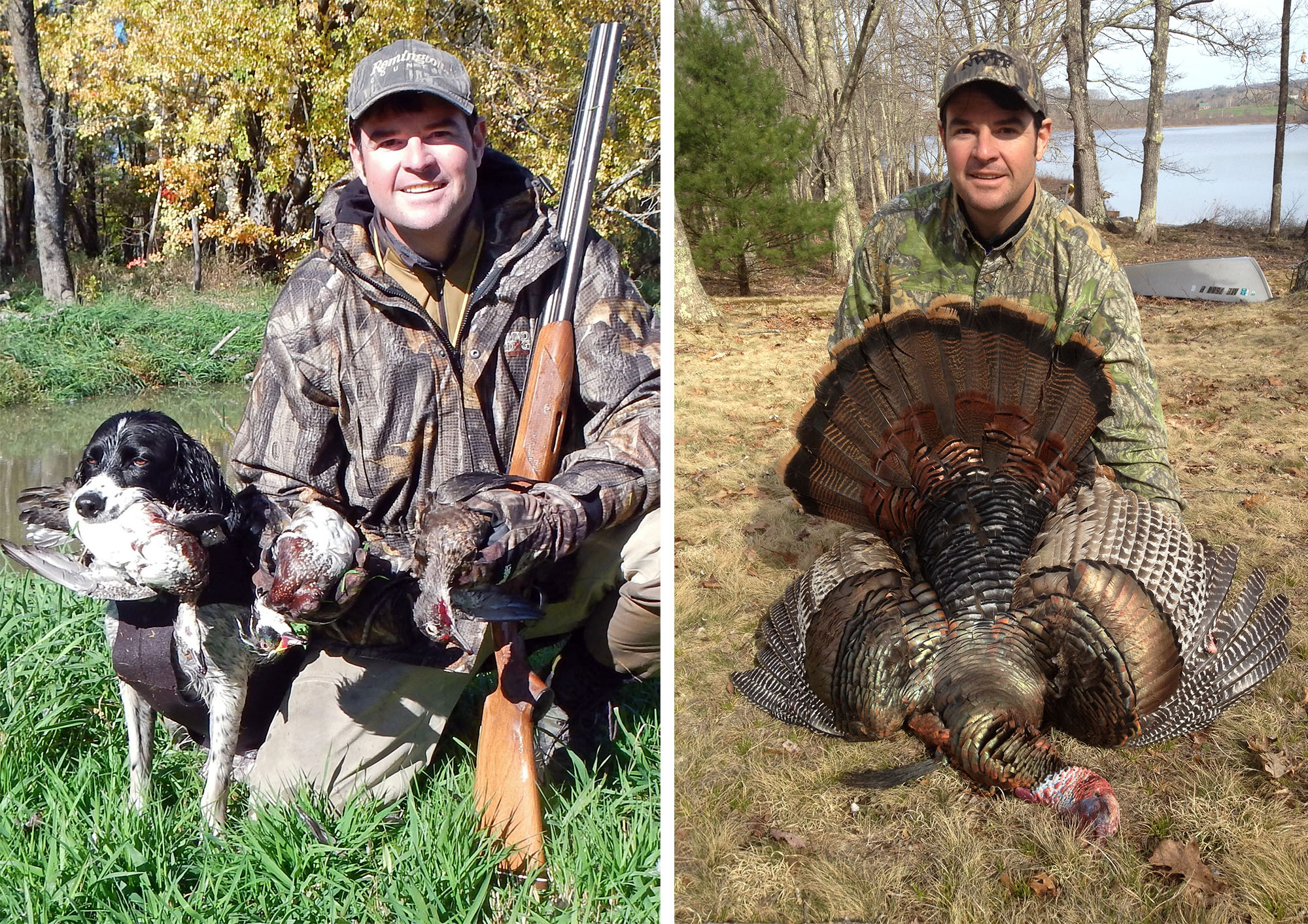 A hunter with wood ducks and a dog, and the same hunter with a longbeard turkey.