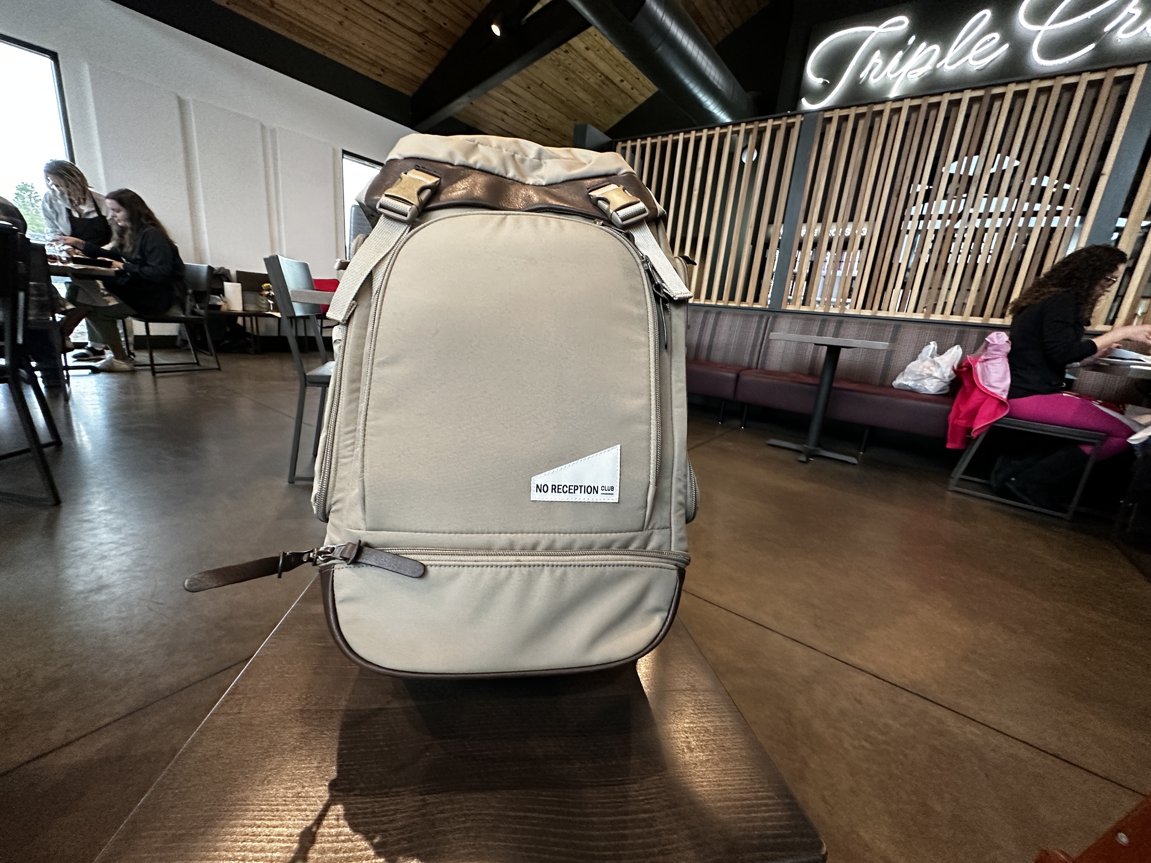 The Getaway diaper bag sits in a brewery.