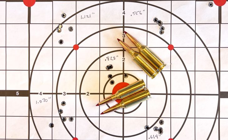 Four 22 ARC cartridges on a target background with 5-shot groups for accuracy.