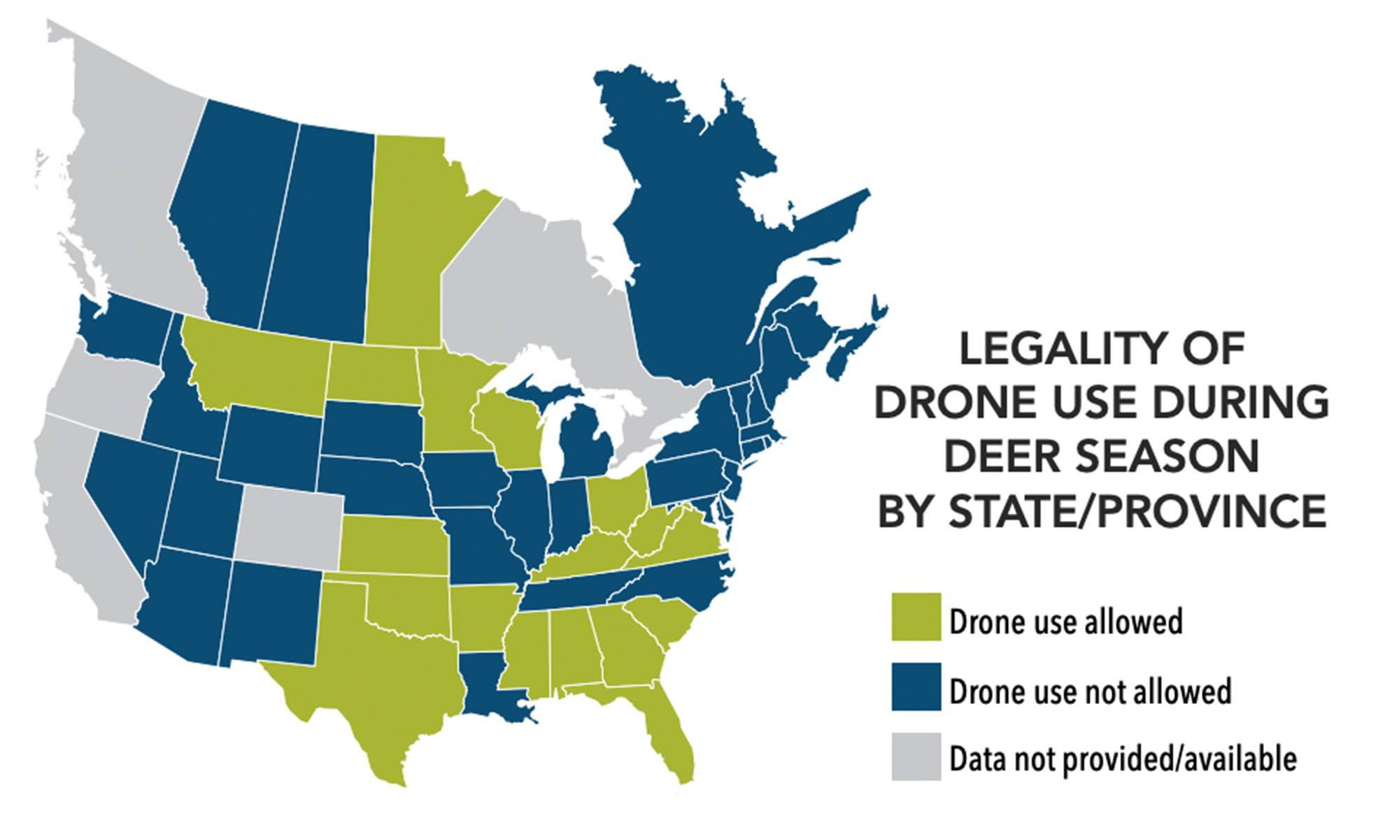 A map showing where drones are legal in hunting.