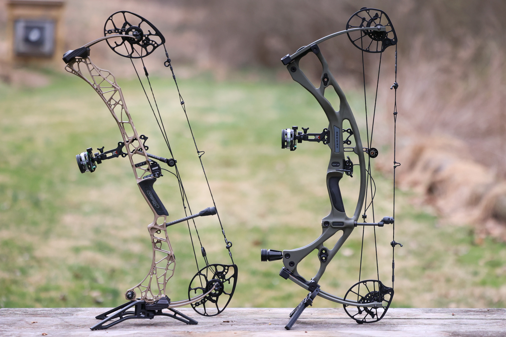 Mathews (left) and Hoyt (bows) have distinct risers and cams.
