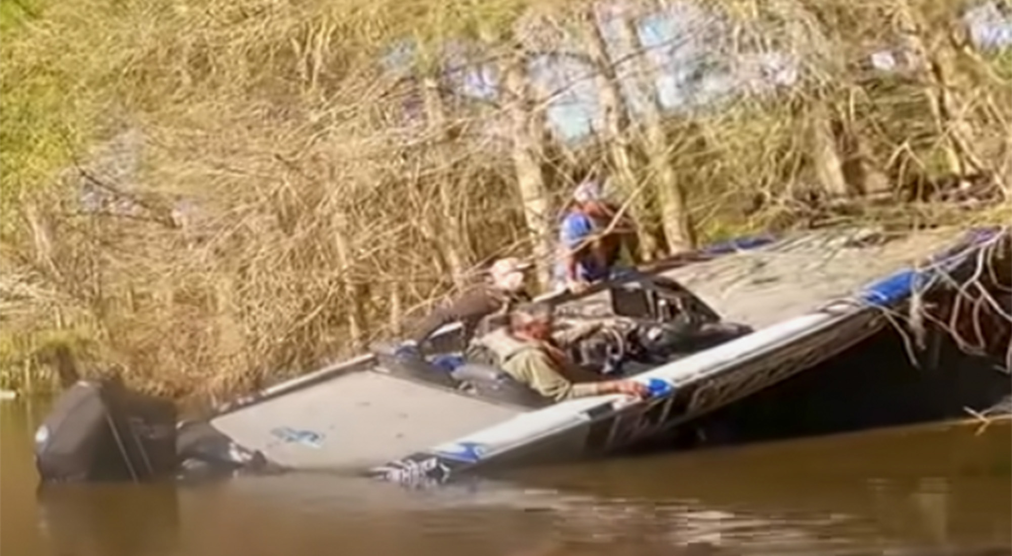 A close-up of a boat wreck at a bass fishing tournament in Florida.