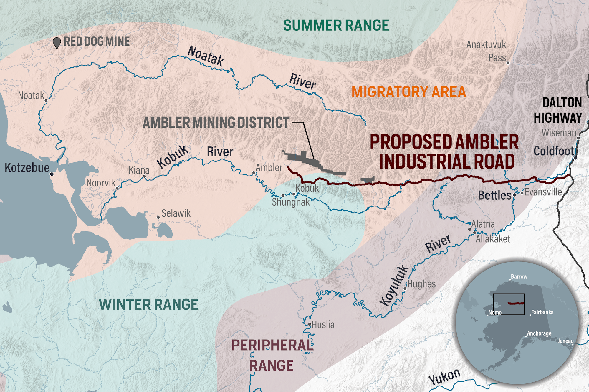 Map of the proposed Ambler Road in Alaska.