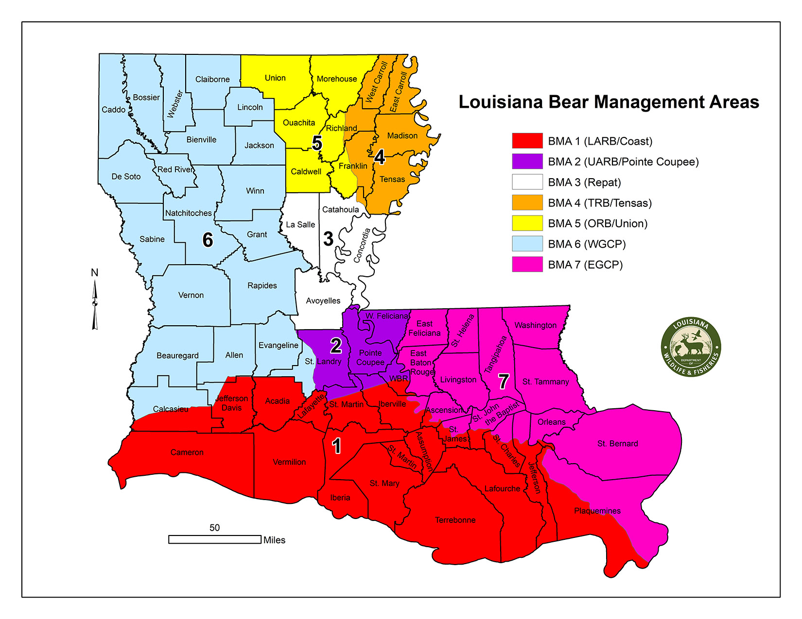 A map of bear management areas in Louisiana