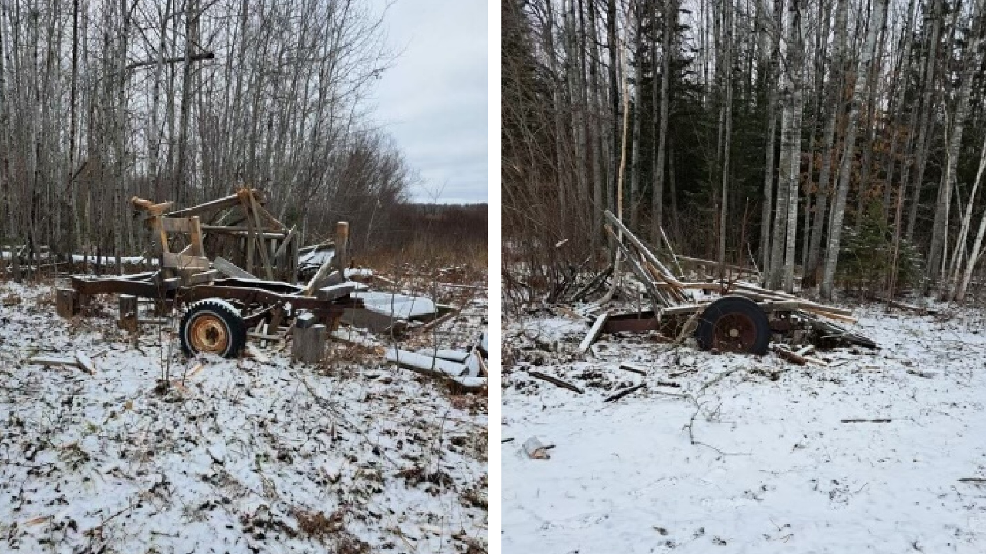 Piles of debris lay in the snowy Minnesota woods.