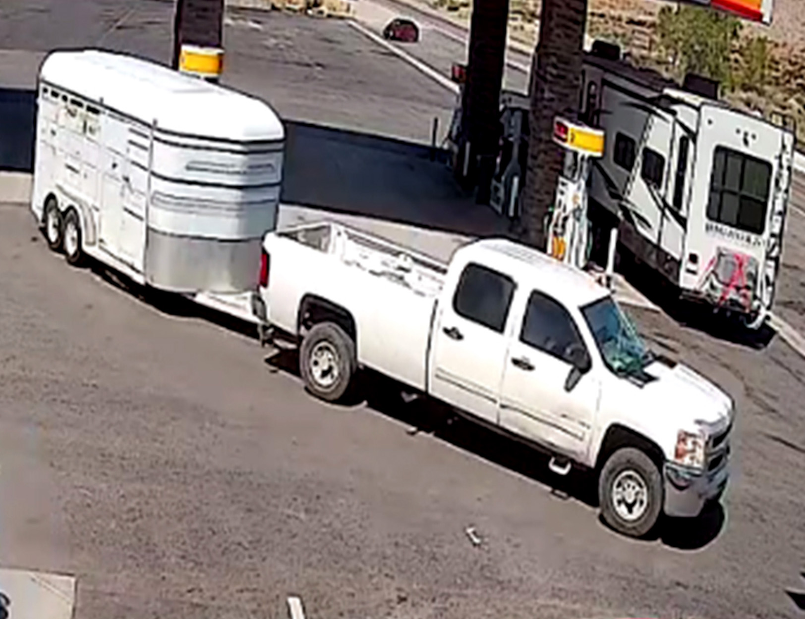 A white truck and horse trailer at a gas station in Nevada.
