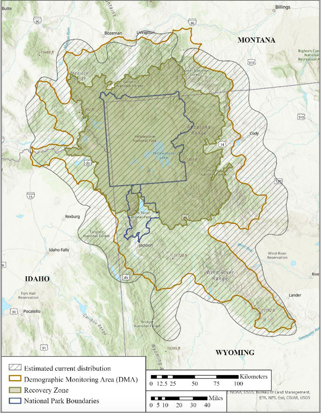 A map showing the grizzly bear demographic monitoring area.