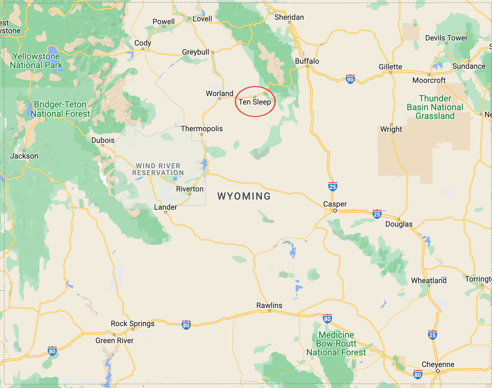 Ten Sleep, Wyoming highlighted on a map.