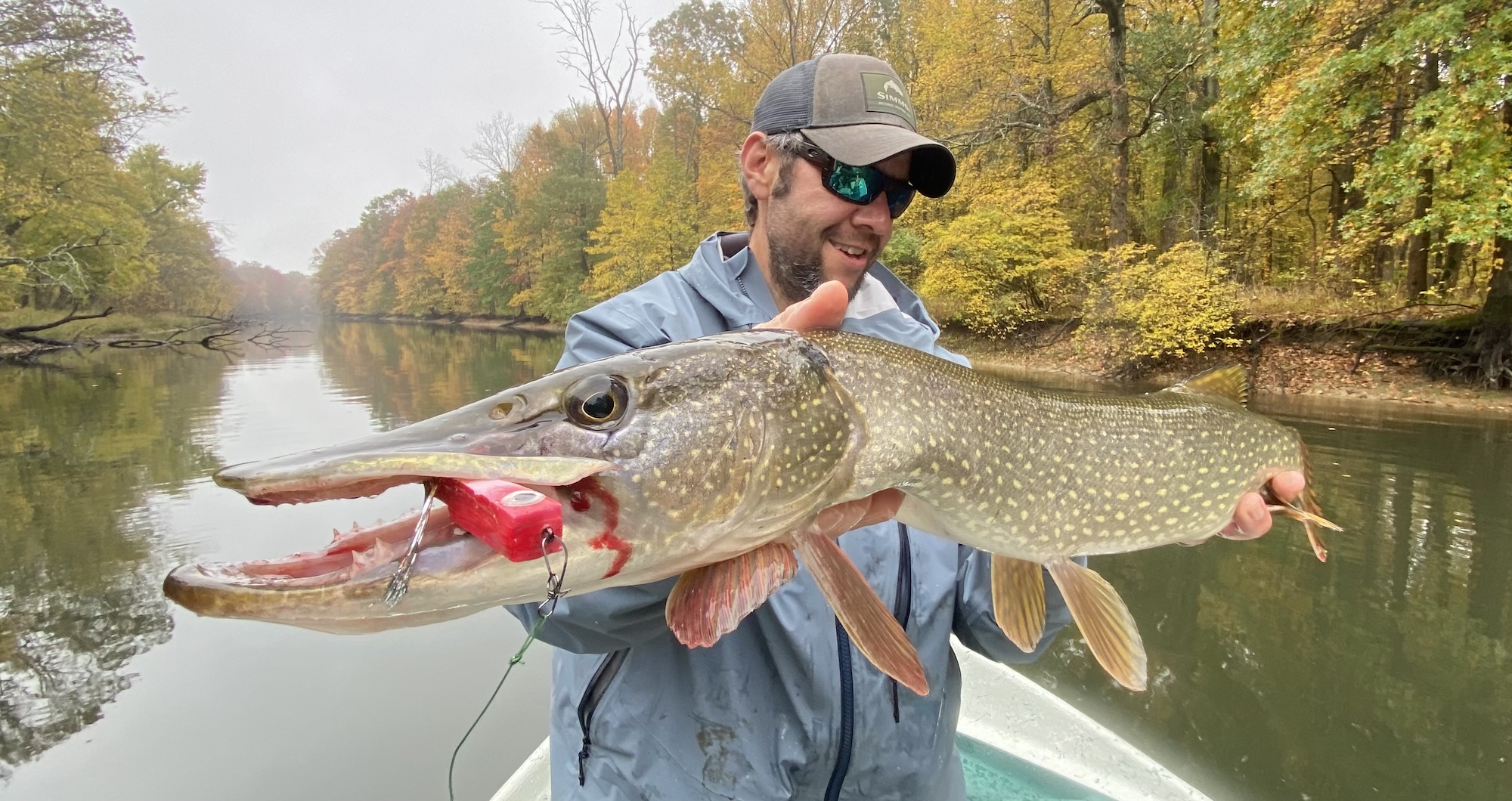 A pike fisherman holds up a nice pike on a boat in a river.