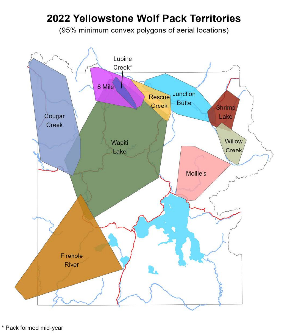 A map of the Yellowstone wolf pack ranges.