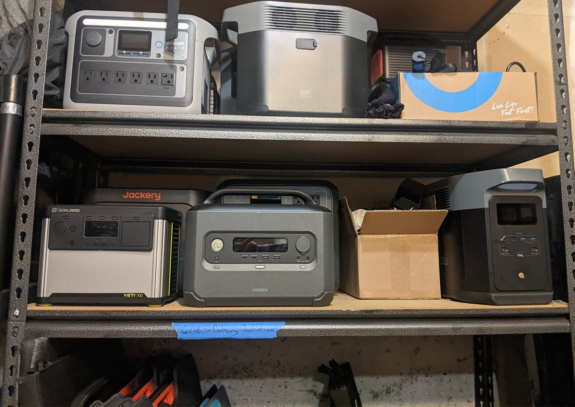power stations sitting on a shelf in a garage with solar panels visible beneath