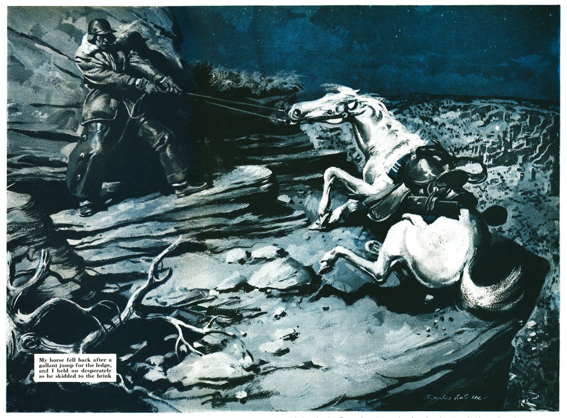 A man hauls on the reins of a falling horse.