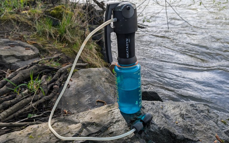 Katadyn Vario perched on a nalgene sitting on a rock
