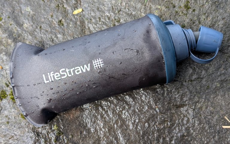 LifeStraw Squeeze bag sitting on a rock