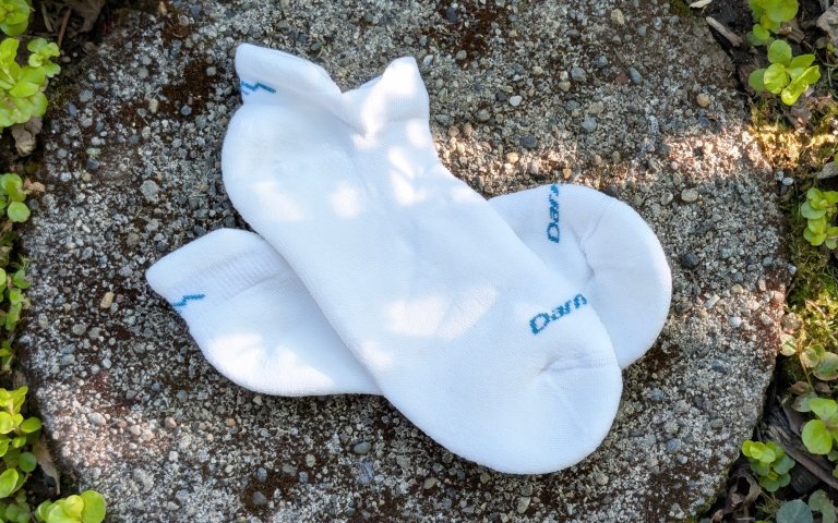 Darn Tough no shows sitting on a round stone