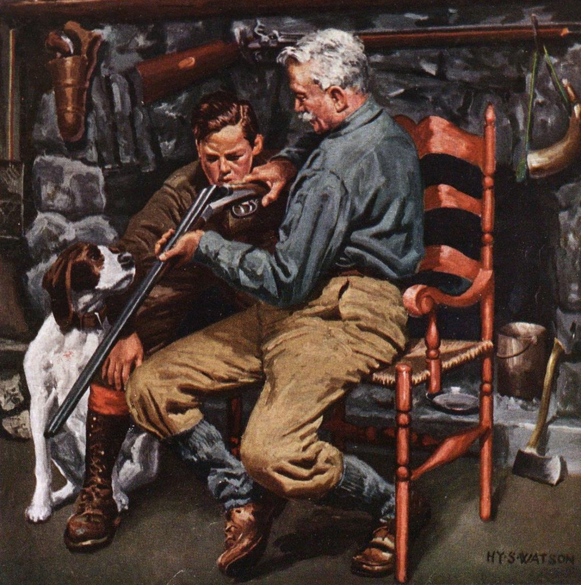 An illustration of a grandpa and his grandson sitting by the fire looking at a shotgun