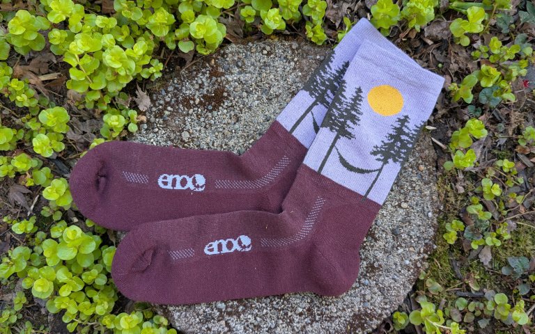 Farm to Feet Asheville socks sitting on a round stone