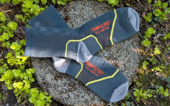 Farm to Feet full cushion socks sitting on a round stone