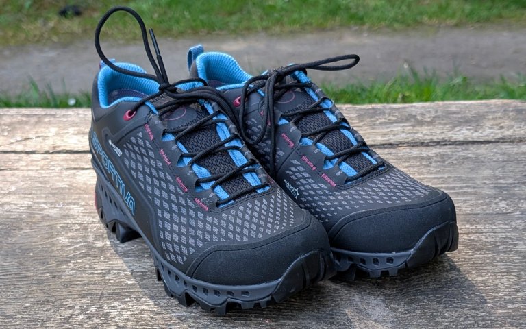 La Sportiva Spire GTX sitting on a wooden bench