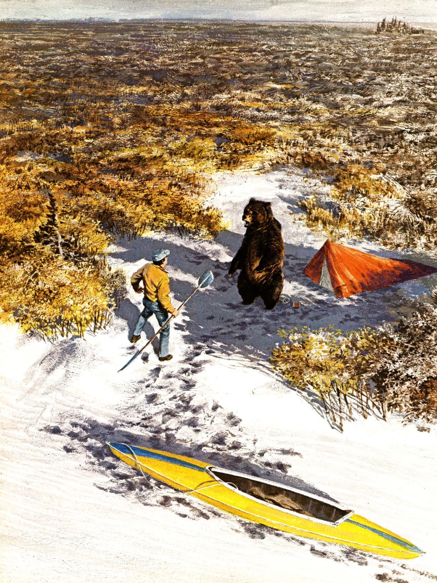 An illustration of a paddler standing face to face with a grizzly bear