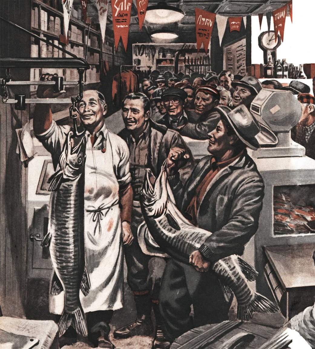 A crowd gathers to watch a man weigh muskies in an illustration