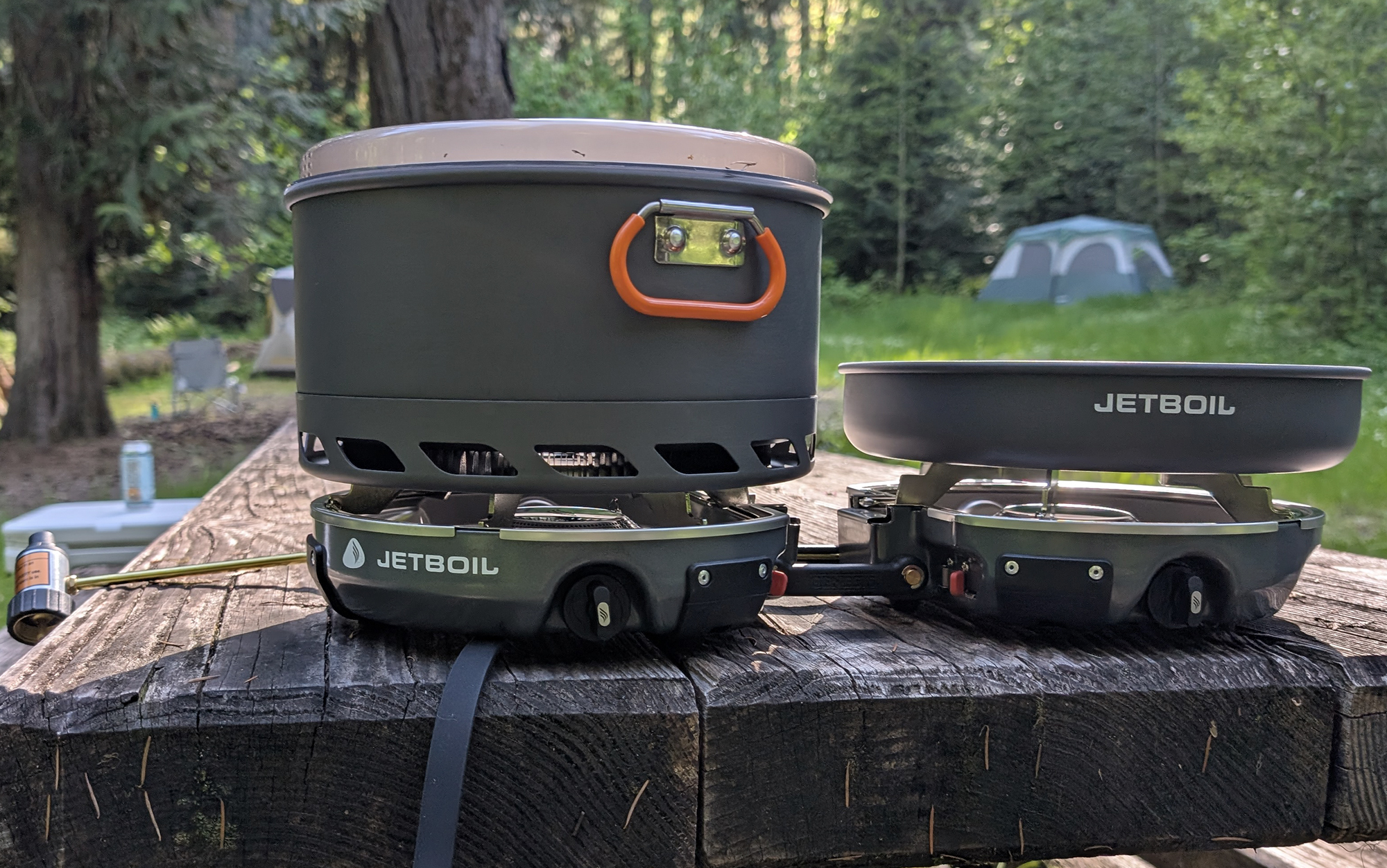 JetBoil Genesis sitting on a picnic table